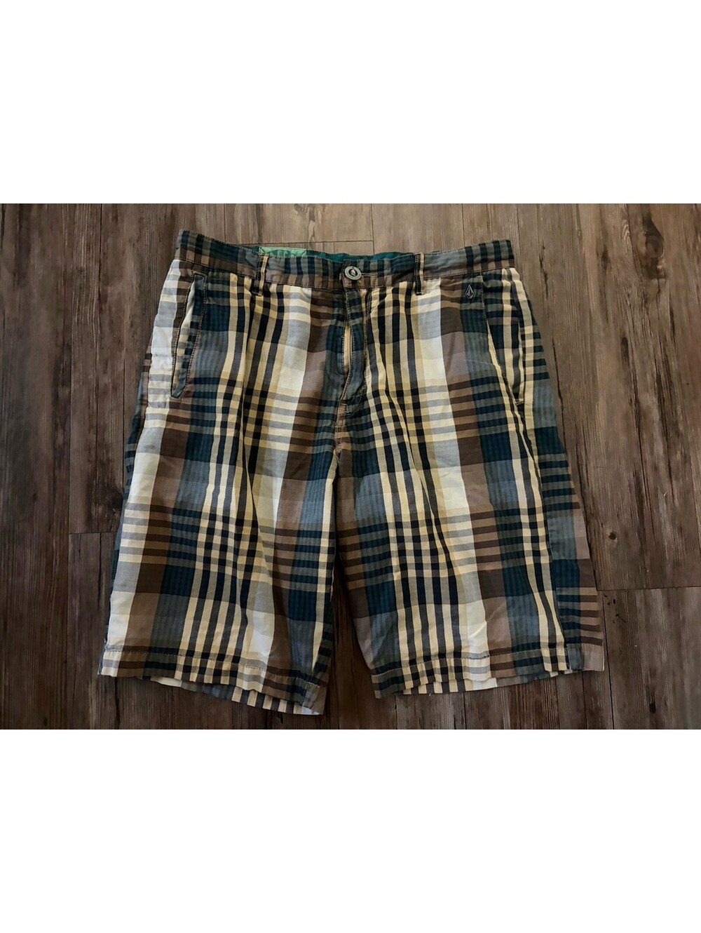 Volcom Y2K Brown Plaid Shorts Mens Sz 32 Flat Front Skater